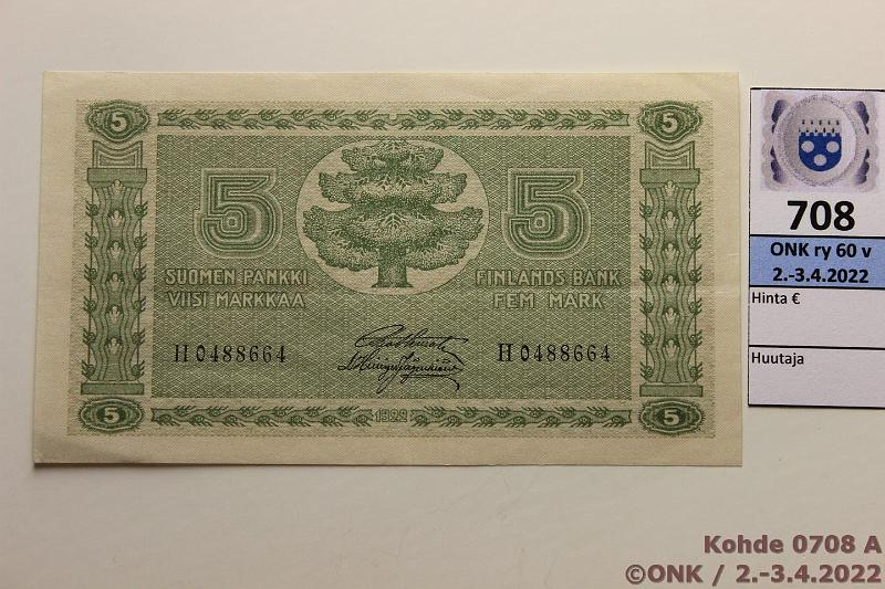 k-0708-a.jpg - Kohde 708 (kuva 1/2), lhthinta: 20 € / myyntihinta: 20 € 5 mk 1922 SNY 132.1 H0488664 STE-His, loivat taitteet, kunto: 6