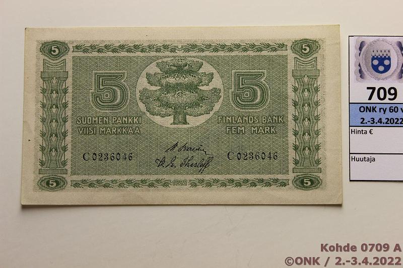 k-0709-a.jpg - Kohde 709, lhthinta: 20 € / myyntihinta: 26 € 5 mk 1922 SNY 132.1 C0236046 BA II-The, kunto: 7