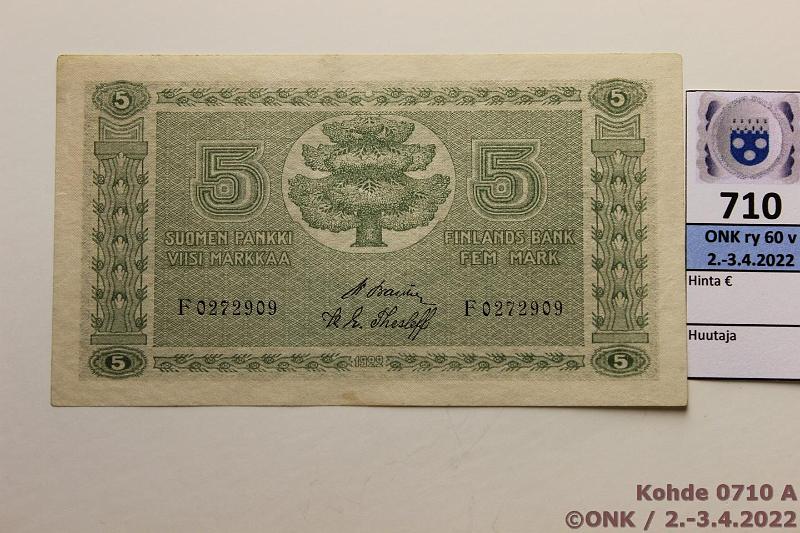 k-0710-a.jpg - Kohde 710, lhthinta: 20 € / myyntihinta: 27 € 5 mk 1922 SNY 132.1 F0272909 BA II-The, pintaeloa, kunto: 7