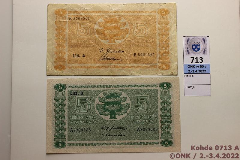 k-0713-a.jpg - Kohde 713, l�ht�hinta: 15 &euro; / myyntihinta: 15 &euro; 5 mk 1939 LD, -45 LA SNY 133.1+134.1 LD A8063005 JUT-Car, vl1; LA B5069561 KIV-Wah, kunto: 7, 3