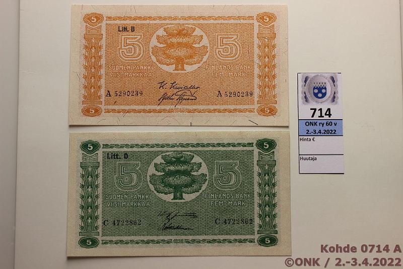 k-0714-a.jpg - Kohde 714, lhthinta: 25 € / myyntihinta: 32 € 5 mk 1939 LD, -45 LB SNY 133.1+134.2 LD C..JUT-Wah, vl1, painaumia; LB A..KIV-AAs, kunto: 9
