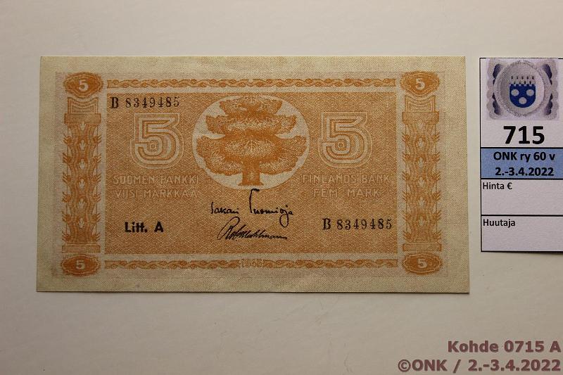 k-0715-a.jpg - Kohde 715, lhthinta: 10 € / myyntihinta: 16 € 5 mk 1945 LA SNY 134.1 B8349485 TUO-Wah, kunto: 8