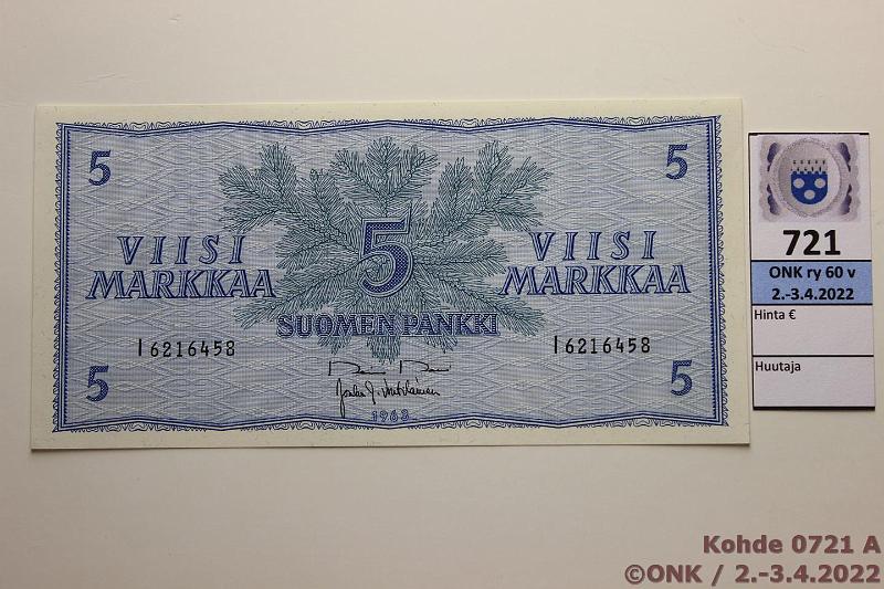k-0721-a.jpg - Kohde 721, lhthinta: 7 € / myyntihinta: 54 € 5 mk 1963 SNY 135.1.2 I6216458  RO II -Vou, harv ak-pari (v), kunto: 10