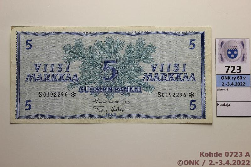 k-0723-a.jpg - Kohde 723, lhthinta: 30 € / myyntihinta: 30 € 5 mk 1963 S* SNY 135.1.11 S0192296* HET-He, kunto: 4