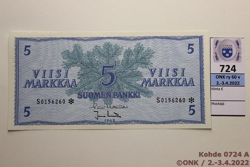 k-0724-a.jpg - Kohde 724, lhthinta: 100 € / myyntihinta: 135 € 5 mk 1963 S* SNY 135.1.11 S0156260* HET-Ara, korvaava, kunto: 9
