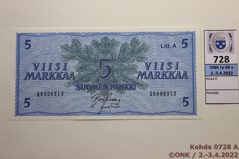 k-0728-a.jpg - Kohde 728, lhthinta: 15 € / myyntihinta: 44 € 5 mk 1963 LA SNY 135.2.1 A0000313 KU I-Ign, harv ak-pari (v), pieni sarjanro, joka on mys Aku Ankan auton rekisterinro!, kunto: 9