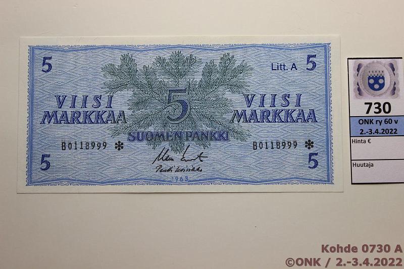k-0730-a.jpg - Kohde 730, lhthinta: 20 € / myyntihinta: 32 € 5 mk 1963 LA B* SNY 135.2.5 B0118999* KO II-Ko1, korvaava, kunto: 9