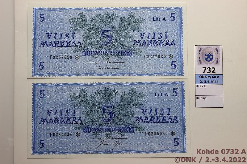 k-0732-a.jpg - Kohde 732, lhthinta: 30 € / myyntihinta: 30 € 5 mk 1963 LA F* (2) SNY 135.2.7 F..* AL I-Hes, AL I-Nar, korvaavia, kunto: 9, 7