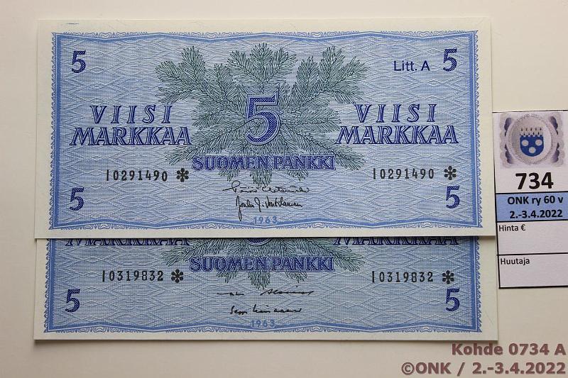 k-0734-a.jpg - Kohde 734, lhthinta: 40 € / myyntihinta: 40 € 5 mk 1963 LA I* (2) SNY 135.2.8 I..* AL I-Lin, HET-Vou, korvaavia, kunto: 9