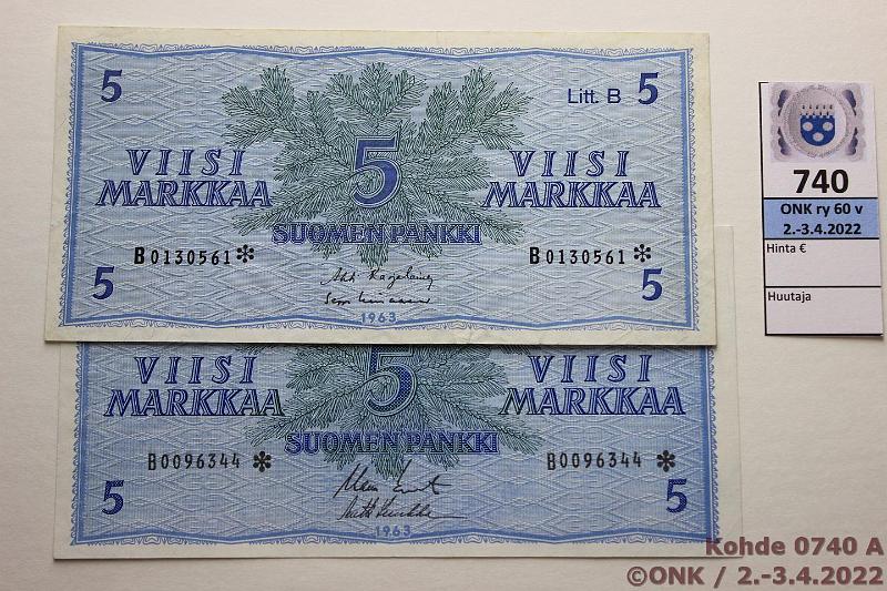 k-0740-a.jpg - Kohde 740, lhthinta: 8 € / myyntihinta: 8 € 5 mk 1963 LB B* (2) SNY 135.3.6 B0096344* KO II-Leh, B0130561* KA I-Lin, korvaavia, kunto: 6, 4