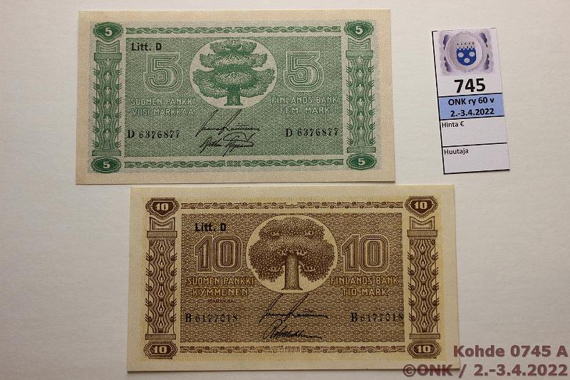 k-0745-a.jpg - Kohde 745, lhthinta: 10 € / myyntihinta: 21 € 5 + 10 mk 1939 LD (2) SNY 133.1+144.4. 5mk, painumia, vl 1; 10mk, vl 2, kulmakuvio 2, kunto: 9