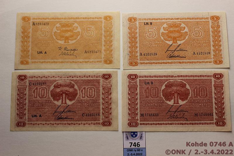 k-0746-a.jpg - Kohde 746, lhthinta: 15 € / myyntihinta: 21 € 5 + 10 mk 1945 LA+B (4) SNY 134.1+2, 145.1.1, 145.2. 5mk Litt. A+B; 10mk Litt. A+B, kunto: 7-9