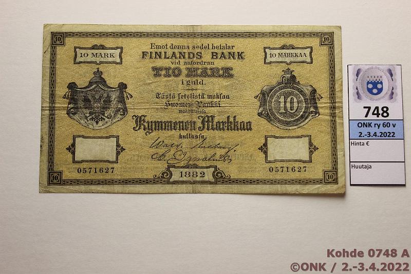 k-0748-a.jpg - Kohde 748 (kuva 1/2), lhthinta: 200 € / myyntihinta: 390 € 10 mk 1882 SNY 138.1 0571627 Enckberg-Ignatius, viivat alla, kunto: 4