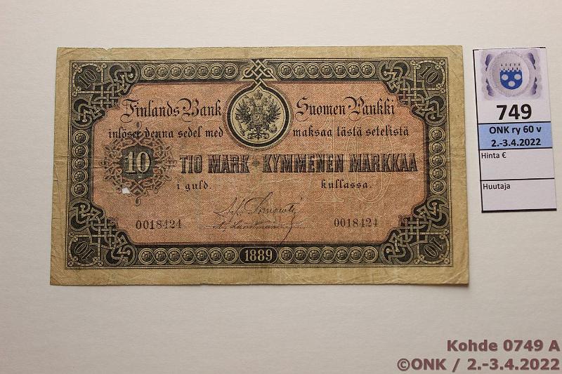 k-0749-a.jpg - Kohde 749, lhthinta: 100 € / myyntihinta: 100 € 10 mk 1889 SNY 139 0018424 Charpentier-Landtman, 1 isompi ja 3 pienemp reik, eprep, kunto: 2