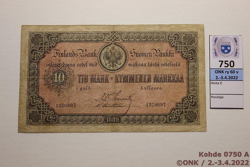 k-0750-a.jpg - Kohde 750 (kuva 1/2), lhthinta: 250 € / ei tarjouksia 10 mk 1889 SNY 139 1370697 Charpentier-Landtman, 1mm saumarep, kunto: 3