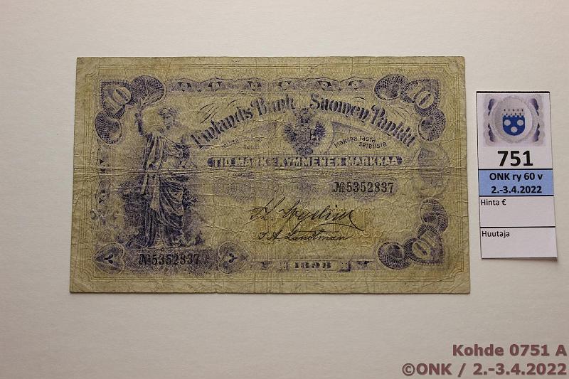 k-0751-a.jpg - Kohde 751 (kuva 1/2), lhthinta: 30 € / myyntihinta: 30 € 10 mk 1898 SNY 140.3 5352837 WEG-La2, niitinreit, kunto: 3