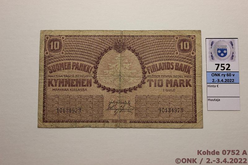 k-0752-a.jpg - Kohde 752 (kuva 1/2), lhthinta: 10 € / myyntihinta: 30 € 10 mk 1909  SNY 141.3.2  10134973 JR-His, prep, preiki, kunto: 2