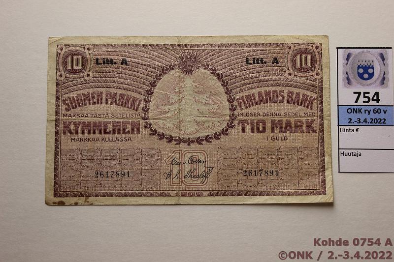 k-0754-a.jpg - Kohde 754, lhthinta: 10 € / ei tarjouksia 10 mk 1909 LA SNY 141.4 2617891 COL-The, plikaa, kunto: 3