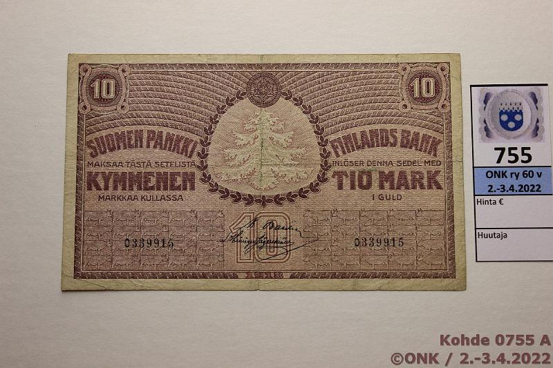 k-0755-a.jpg - Kohde 755, lhthinta: 5 € / myyntihinta: 5 € 10 mk 1918 SNY 142.1 0339915 BA I-His, eprep, kunto: 3