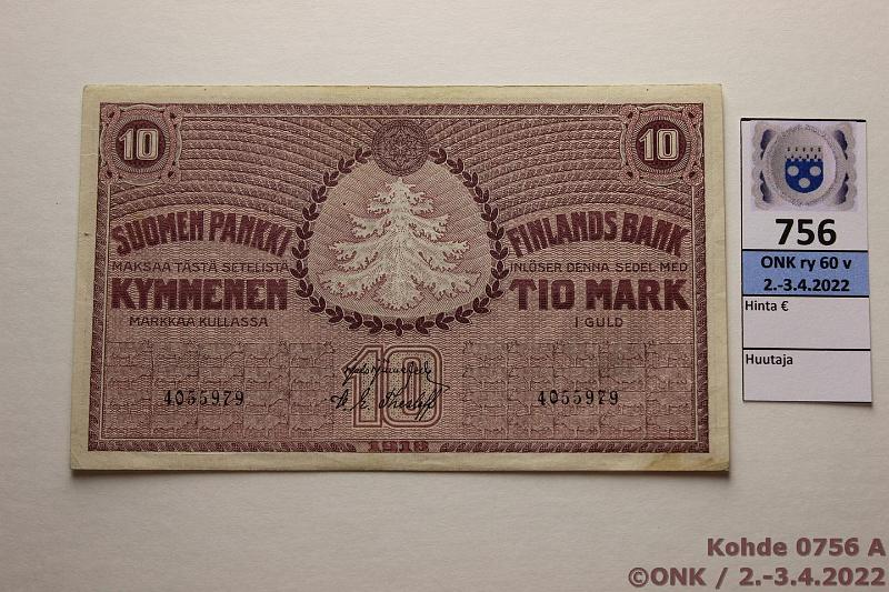 k-0756-a.jpg - Kohde 756 (kuva 1/2), lhthinta: 50 € / ei tarjouksia 10 mk 1918 SNY 142.1 4055979 JR-The, tahroja, pintaeloa, kunto: 6