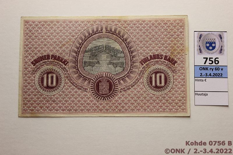 k-0756-b.jpg - Kohde 756 (kuva 2/2), lhthinta: 50 € / ei tarjouksia 10 mk 1918 SNY 142.1 4055979 JR-The, tahroja, pintaeloa, kunto: 6
