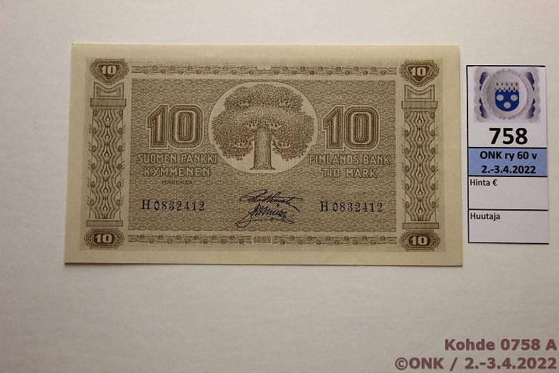 k-0758-a.jpg - Kohde 758, lhthinta: 60 € / myyntihinta: 62 € 10 mk 1922 SNY 143.1 H0832412 STE-Ml, kunto: 9