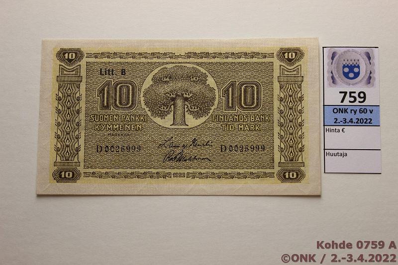 k-0759-a.jpg - Kohde 759, lhthinta: 100 € / myyntihinta: 100 € 10 mk 1922 LB SNY 143.3 D0036999 HEU-Wah, pieni painumia reunassa, kunto: 8