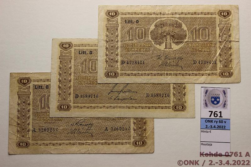 k-0761-a.jpg - Kohde 761, lhthinta: 5 € / ei tarjouksia 10 mk 1939 (3) SNY 144.4 A3260252 RAN-Als, D3589716 RAI-Car, D4728401 KIV-Als (vl2), kunto: 3-4