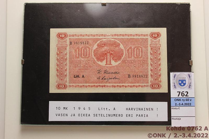 k-0762-a.jpg - Kohde 762, lhthinta: 500 € / myyntihinta: 1900 € 10 mk 1945 LA SNY 145.1.2 B9818812 / B9818822, KIV-Car, erilaiset sarjanrot!, kunto: 10