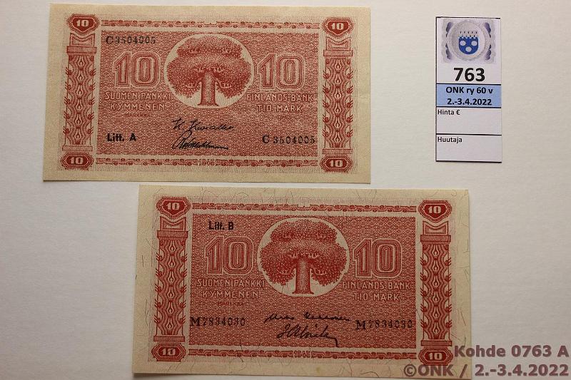k-0763-a.jpg - Kohde 763, lhthinta: 20 € / ei tarjouksia 10 mk 1945 LA+B SNY 145.1+2 LA C..KIV-Wah, LB M..KEK-Als, kunto: 8, 7