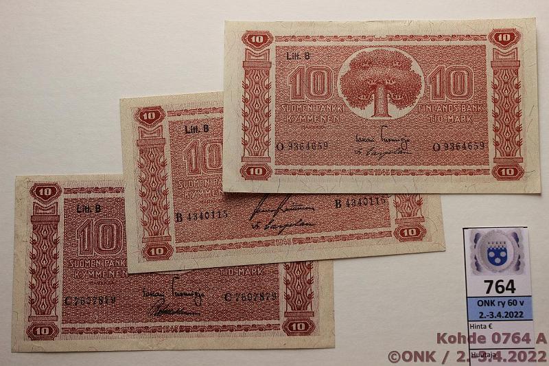 k-0764-a.jpg - Kohde 764, lhthinta: 15 € / myyntihinta: 18 € 10 mk 1945 LB (3) SNY 145.2 B4340115 RAI-Car, C7607879 TUO-Wah, harv ak-pari (v), O9364659 TUO-Car, kunto: 9, 5, 8