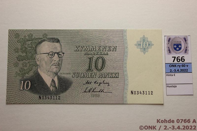 k-0766-a.jpg - Kohde 766, lhthinta: 25 € / myyntihinta: 25 € 10 mk 1963 SNY 146.1.1 N8343112 KA I-Luu, vl 1, kunto: 9