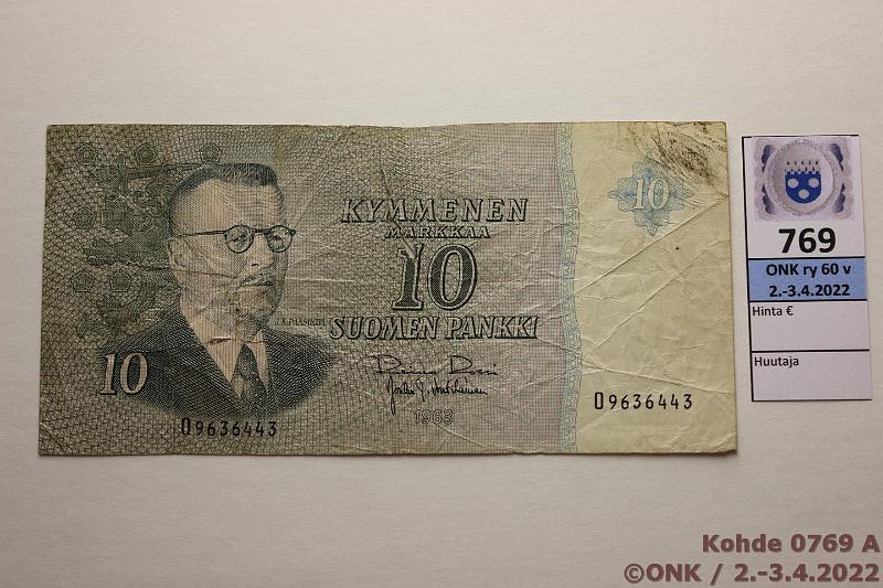 k-0769-a.jpg - Kohde 769 (kuva 1/2), lhthinta: 30 € / myyntihinta: 30 € 10 mk 1963 SNY 146.1.3 O9636443 RO I-Vou, vaikea ak-pari, rep puoleen seteliin, tahra vl 1, kunto: 2