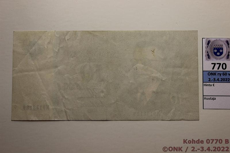 k-0770-b.jpg - Kohde 770 (kuva 2/2), lhthinta: 2000 € / myyntihinta: 2000 € 10 mk 1963 SNY 146.1.4 N9138129 LEI-Luu, vl 1, TAKASIVU PAINAMATTA, kunto: 5