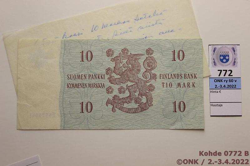 k-0772-b.jpg - Kohde 772 (kuva 2/2), lhthinta: 1900 € / ei tarjouksia 10 mk 1963 SNY 146.1.6 E5575041, eprep, ILMAN ALLEKIRJOITUKSIA, vl 2. Mukana lytjn kertomus vuodelta 1965, kunto: 5