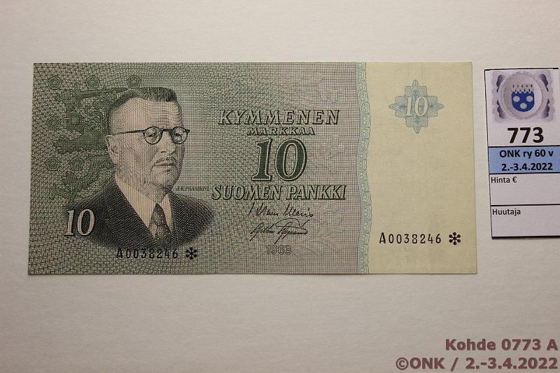 k-0773-a.jpg - Kohde 773 (kuva 1/3), lhthinta: 260 € / myyntihinta: 260 € 10 mk 1963 A* SNY 146.2.1 A0038246* WAR-AAs, vl 2, korvaava, kunto: 9