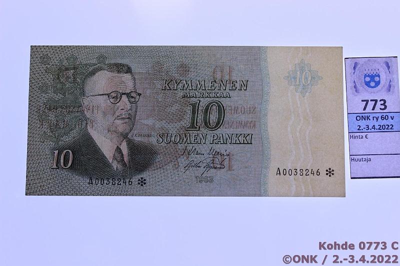 k-0773-c.jpg - Kohde 773 (kuva 3/3), lhthinta: 260 € / myyntihinta: 260 € 10 mk 1963 A* SNY 146.2.1 A0038246* WAR-AAs, vl 2, korvaava, kunto: 9