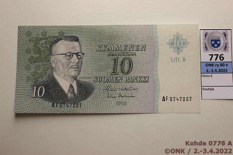 k-0776-a.jpg - Kohde 776 (kuva 1/3), lhthinta: 5 € / myyntihinta: 9 € 10 mk 1963 LA SNY 146.4.1 AF8747287 HET-Hes vl 1, pintaeloa, kevyt kulmataite, kunto: 7