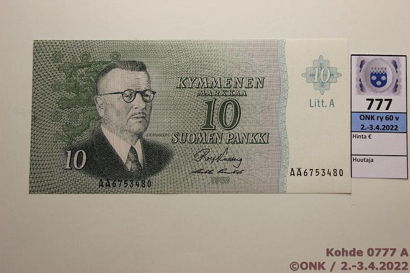 k-0777-a.jpg - Kohde 777 (kuva 1/2), lhthinta: 5 € / myyntihinta: 18 € 10 mk 1963 LA SNY 146.4.1 A 6753480 KU I-Pu1, leikkausvirheellinen, etup. vas reunassa kohdistusviivat, takap. n.1mm ruskea kaista, kunto: 9