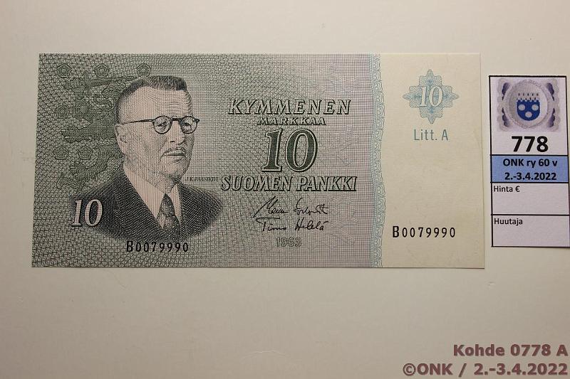 k-0778-a.jpg - Kohde 778, lhthinta: 5 € / myyntihinta: 14 € 10 mk 1963 LA SNY 165.4.1 B0079990 KO I-He, vl1, kunto: 9