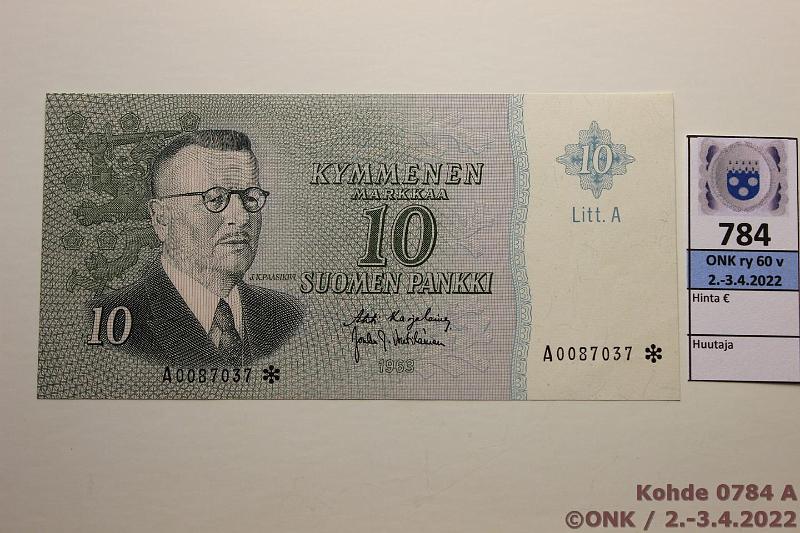 k-0784-a.jpg - Kohde 784, lhthinta: 70 € / myyntihinta: 130 € 10 mk 1963 LA A* SNY 146.5.1 A0087037* KA I-Vou, nimiparia tunnetaan A* 6kpl, ks. Numismaatikko 5/2016, korvaava, kunto: 9