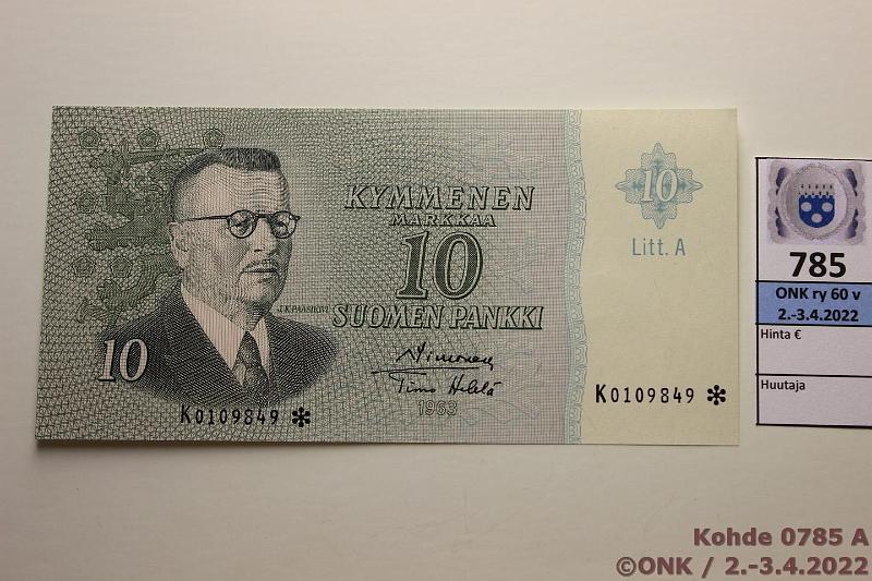 k-0785-a.jpg - Kohde 785, lhthinta: 15 € / myyntihinta: 15 € 10 mk 1963 LA K* SNY 146.6 K0109849* SIM-He, korvaava, kunto: 9