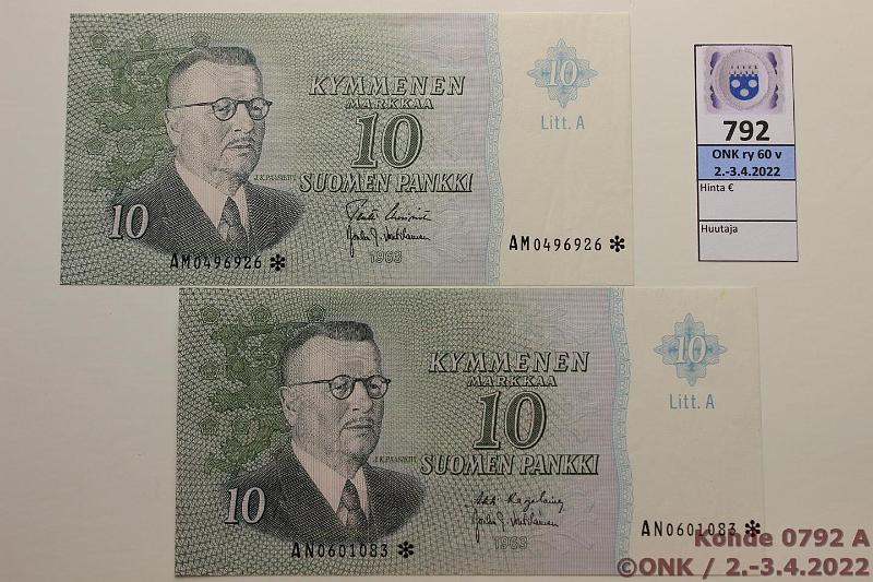 k-0792-a.jpg - Kohde 792, lhthinta: 25 € / myyntihinta: 25 € 10 mk 1963 LA * (2) SNY 146.10+11 AM..* UUS-Vou, AN..* KA I-Vou, painaumia, korvaavia, kunto: 9
