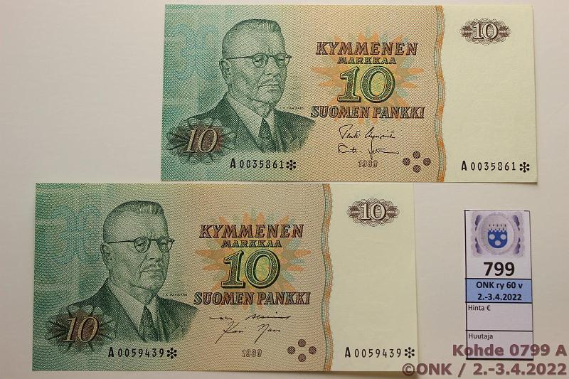 k-0799-a.jpg - Kohde 799, lhthinta: 10 € / myyntihinta: 10 € 10 mk 1980 A* (2) SNY 147.1.5 A*..AL I-Nar (klemmarin painauma), UUS-Leh, sil?, korvaavia, kunto: 9, 7