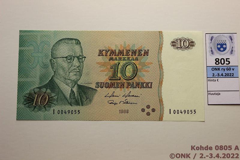 k-0805-a.jpg - Kohde 805, lhthinta: 70 € / myyntihinta: 70 € 10 mk 1980 I-sarja SNY 147.1.4 I0049055 HOL-M1, korvaava, kunto: 9