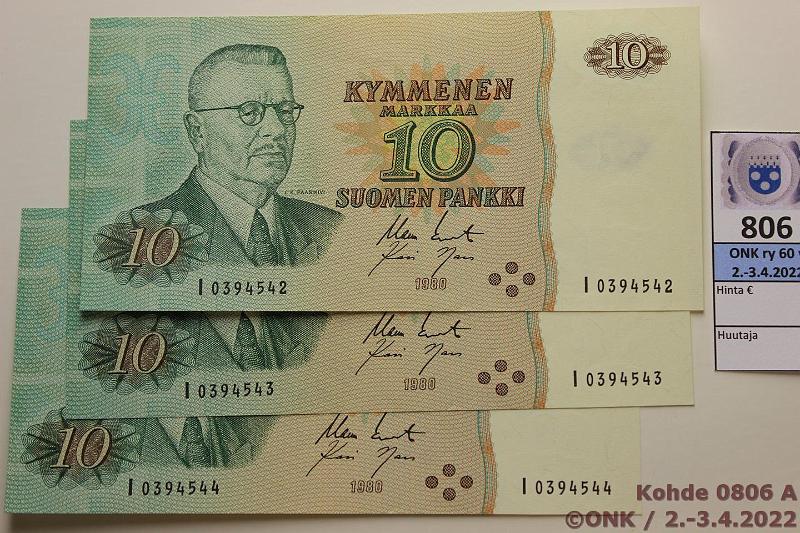 k-0806-a.jpg - Kohde 806, lhthinta: 200 € / ei tarjouksia 10 mk 1980 I-sarja (3) SNY 147.1.4 I0394542-44 KO II-Nar, 3 perkkist korvaavaa, pintaeloa ja yhdess paperivikaa, sil?, kunto: 7-9