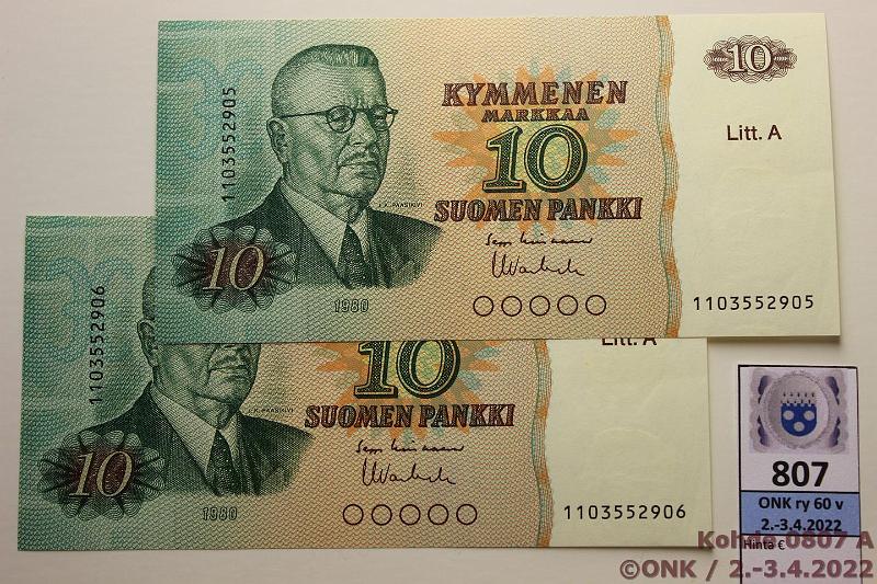k-0807-a.jpg - Kohde 807, lhthinta: 5 € / myyntihinta: 5 € 10 mk 1980 LA (2) SNY 147.2.1 1103552905-6 LIN-Va1, ep kulmataite molemmissa, kunto: 8