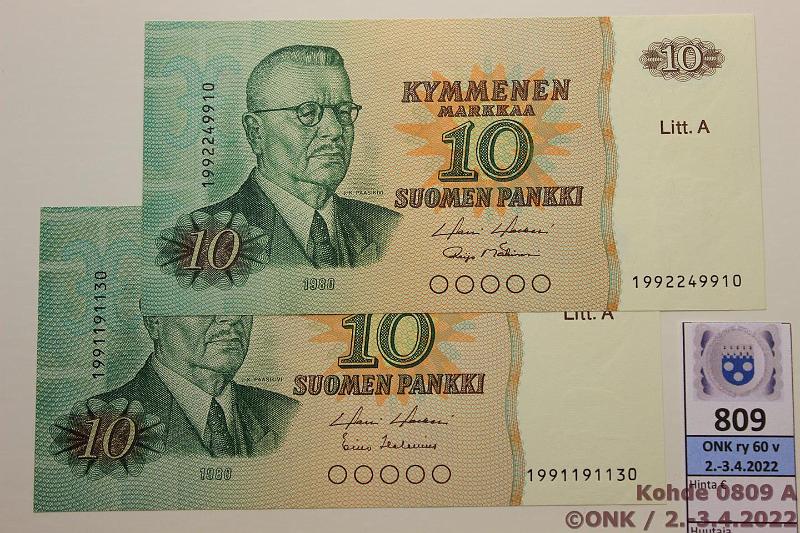 k-0809-a.jpg - Kohde 809, lhthinta: 25 € / myyntihinta: 32 € 10 mk 1980 LA 1991-2 SNY 147.2.2-3 1991191130 HOL-Hes, 1992249910 HOL-M1, molemmat korvaavat sarjat, kunto: 9