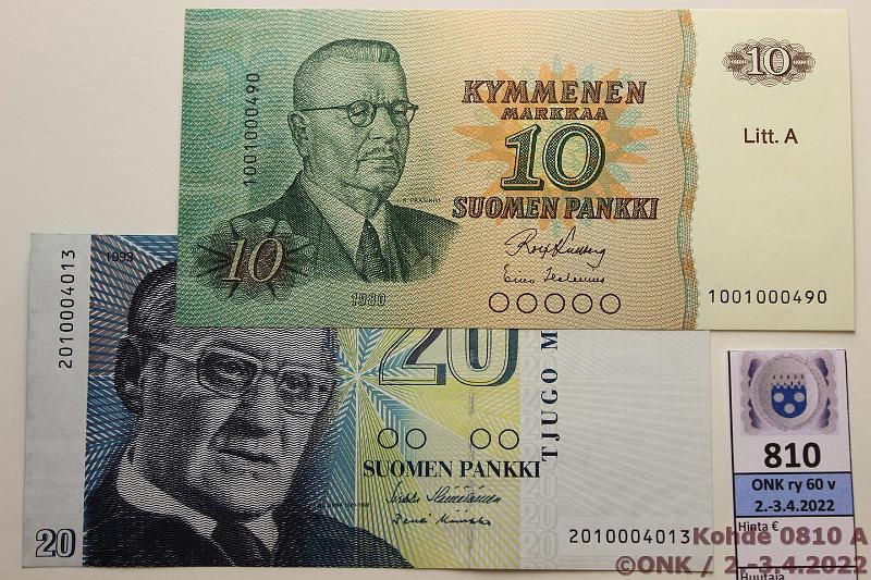 k-0810-a.jpg - Kohde 810, lhthinta: 10 € / myyntihinta: 10 € 10 + 20 mk 1980 LA, -93 SNY 147.2.1+161.1 10mk 1001000490, 20mk 2010004013, pienehkt sarjanrot, kunto: 9