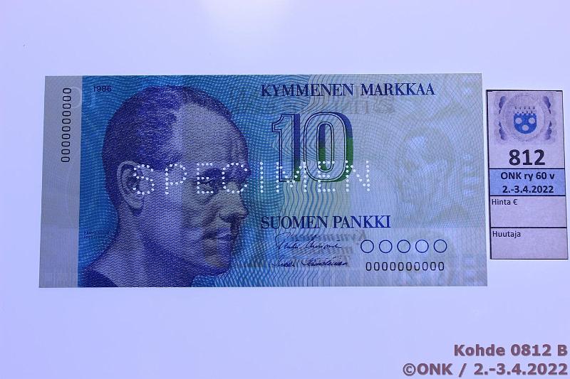 k-0812-b.jpg - Kohde 812 (kuva 2/3), lhthinta: 345 € / myyntihinta: 380 € 10 mk 1986 SNY 148.1 0000000000 UUS-H1, SPECIMEN-lvistys, vhist painumaa, kunto: 9